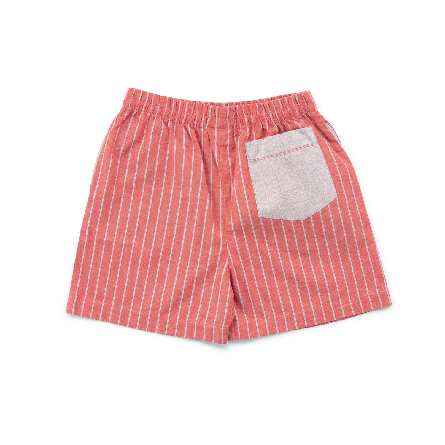 Rear image of dusty red striped cotton shorts with a contrast grey pocket with hand embroidered kantha work