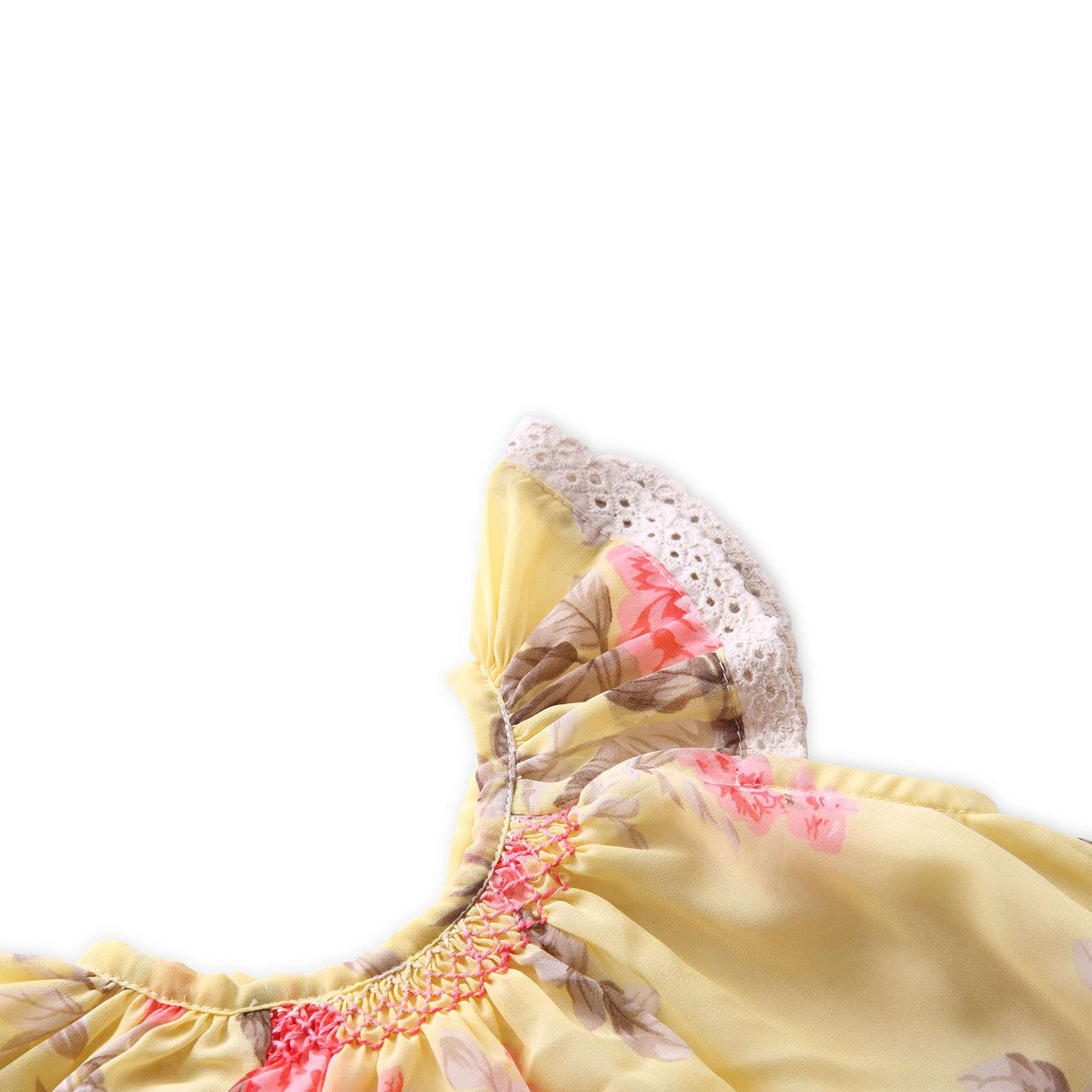 Close-up of hand smocked details and flutter sleeves in yellow floral chiffon dress