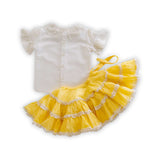 Tiered gathered swiss dot girls party skirt with lace trims and ivory blouse with lace