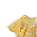 Gathered ruffled lace trim skirt for girls in yellow with a wood waist button