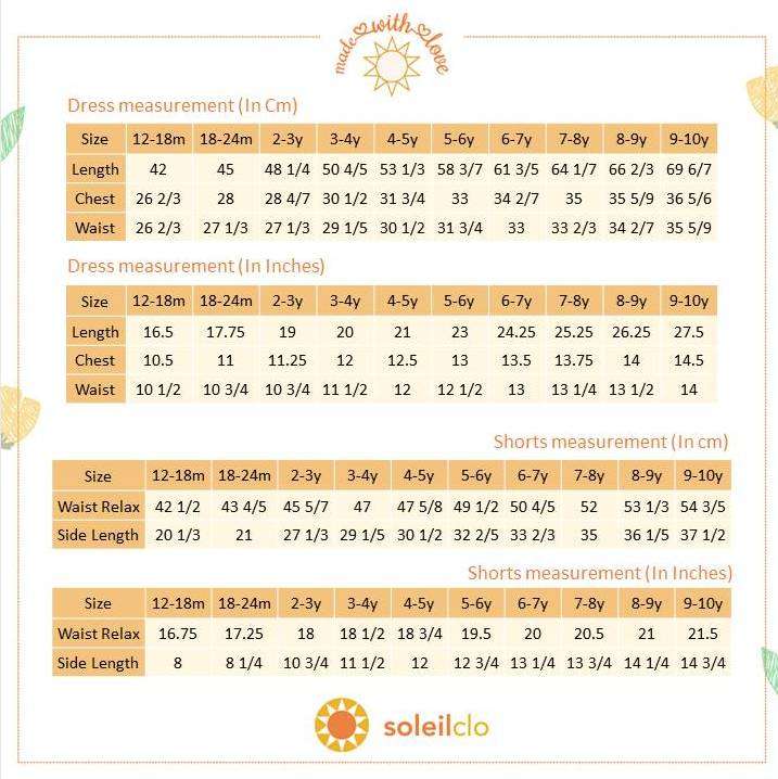 Size chart of burnt-orange linen dress with colourful embroidered waistline with a Kantha-work hand-embroidered bodice