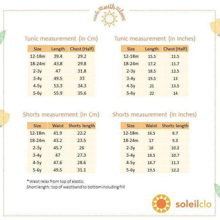 Size chart for tunic and shorts set