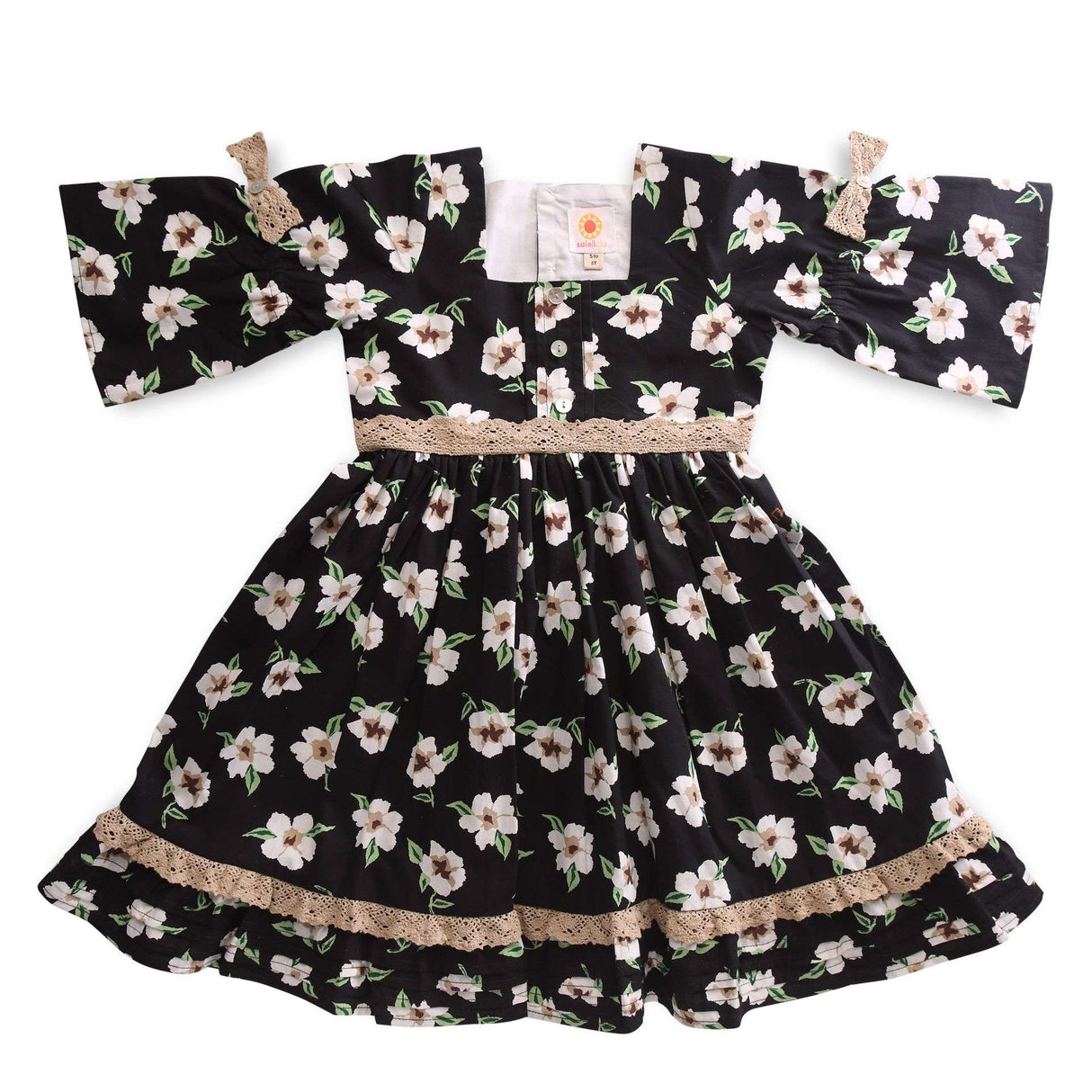Flatlay of girls squareneckline three fourth sleeve Soleilclo dress with lace trims