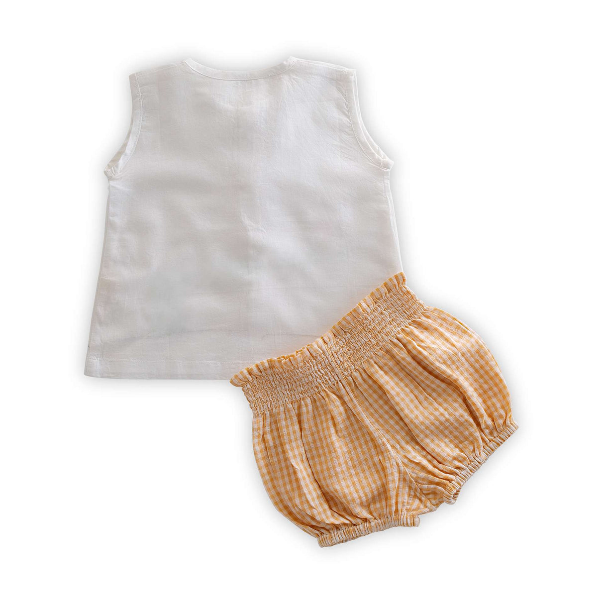 White cotton jabla with orange checked bloomers with elasticated waist