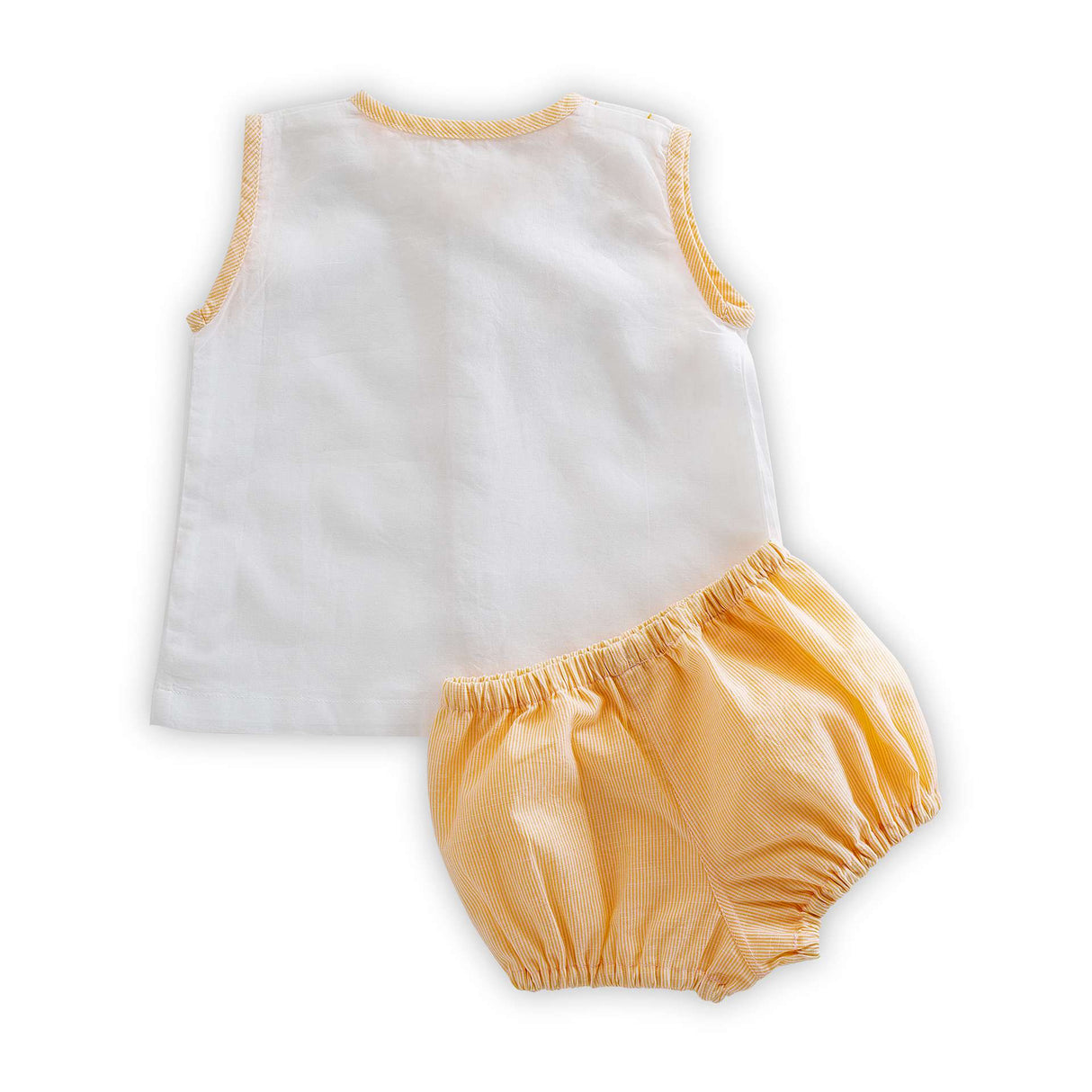 Rear image of white muslin jabla with front buttons and hand embroidered designs paired with yellow bloomers