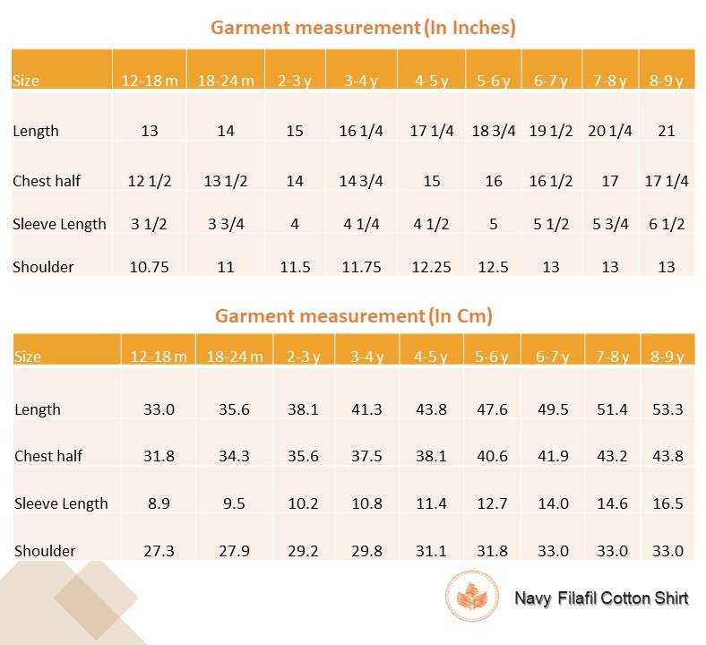 Size chart for boys filafil shirt