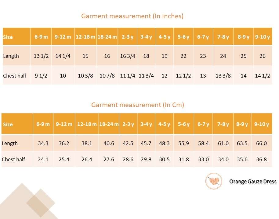 Size chart of peach gauze tunic with ruffles, hand embroidery and ties in a floral trim, with matching floral shorts