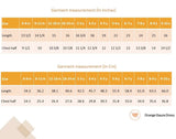 Size chart of peach gauze tunic with ruffles, hand embroidery and ties in a floral trim, with matching floral shorts