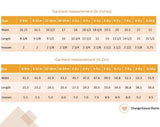 Size chart of peach gauze tunic with ruffles, hand embroidery and ties in a floral trim, with matching floral shorts