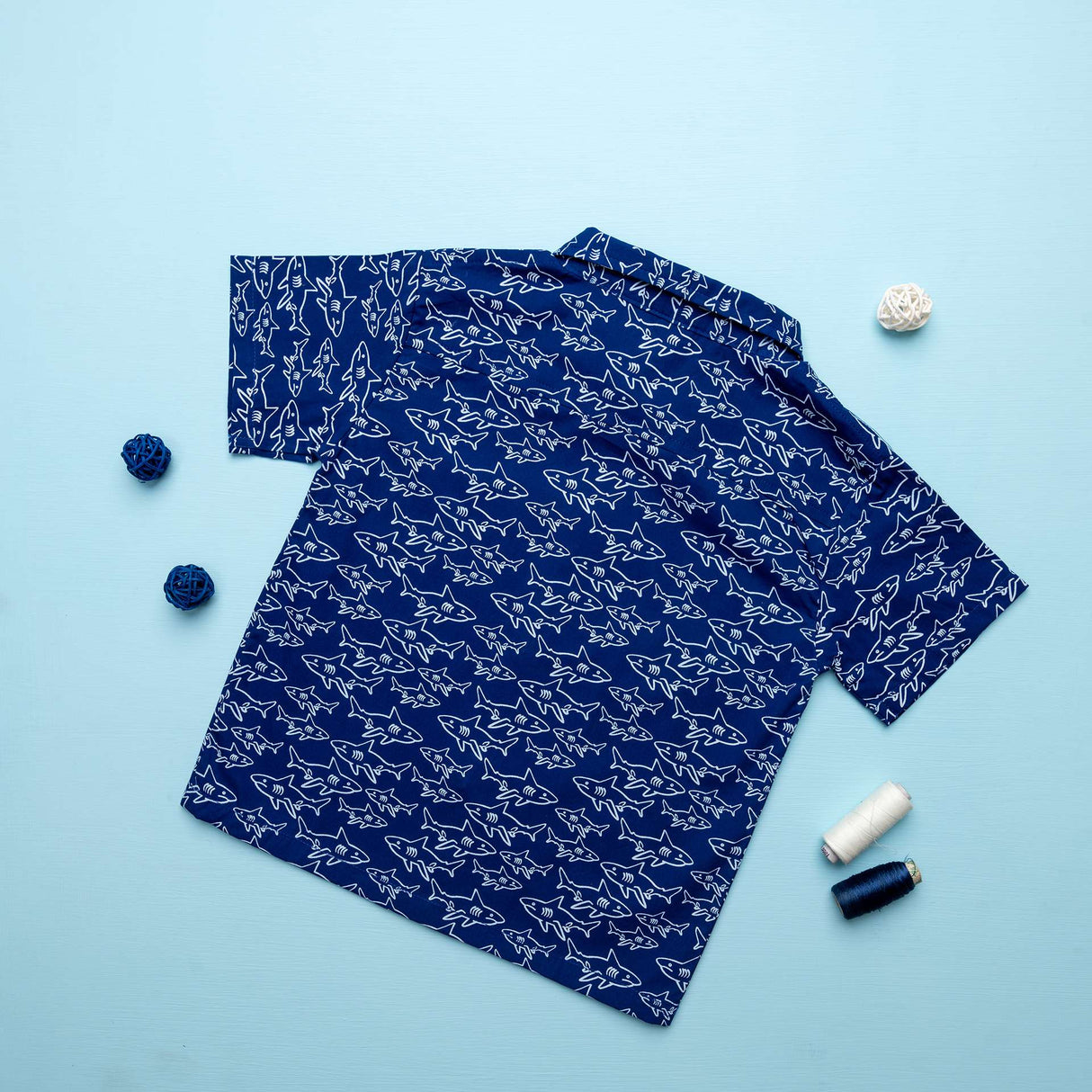 Rear image of blue shark print shirt