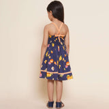 Size chart of strappy shoulder floral and fruit printed navy dress with contrast trims