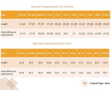 Size chart of fruit printed dress with orange gingham trims, shirred back and tie-up straps