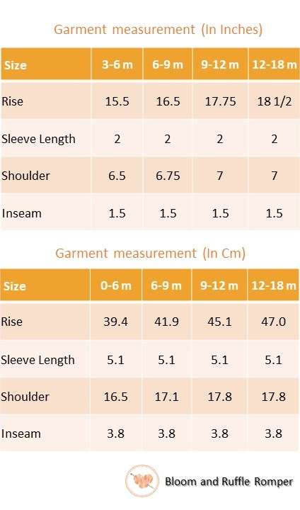 Size chart of yellow floral printed onesie with back crossover straps and ruffles on the bottom with contrast trims