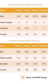 Size chart of yellow floral printed onesie with back crossover straps and ruffles on the bottom with contrast trims