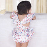 Back side of a baby girl in blue floral printed onesie with back crossover straps and ruffles on the bottom