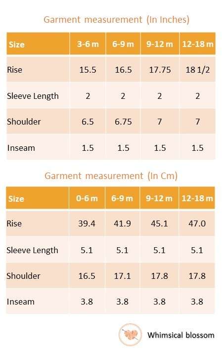 Size chart of blue floral printed onesie with back crossover straps and ruffles on the bottom with contrast trims