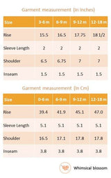 Size chart of blue floral printed onesie with back crossover straps and ruffles on the bottom with contrast trims