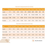 Size chart of cream and green floral printed ruffle dress