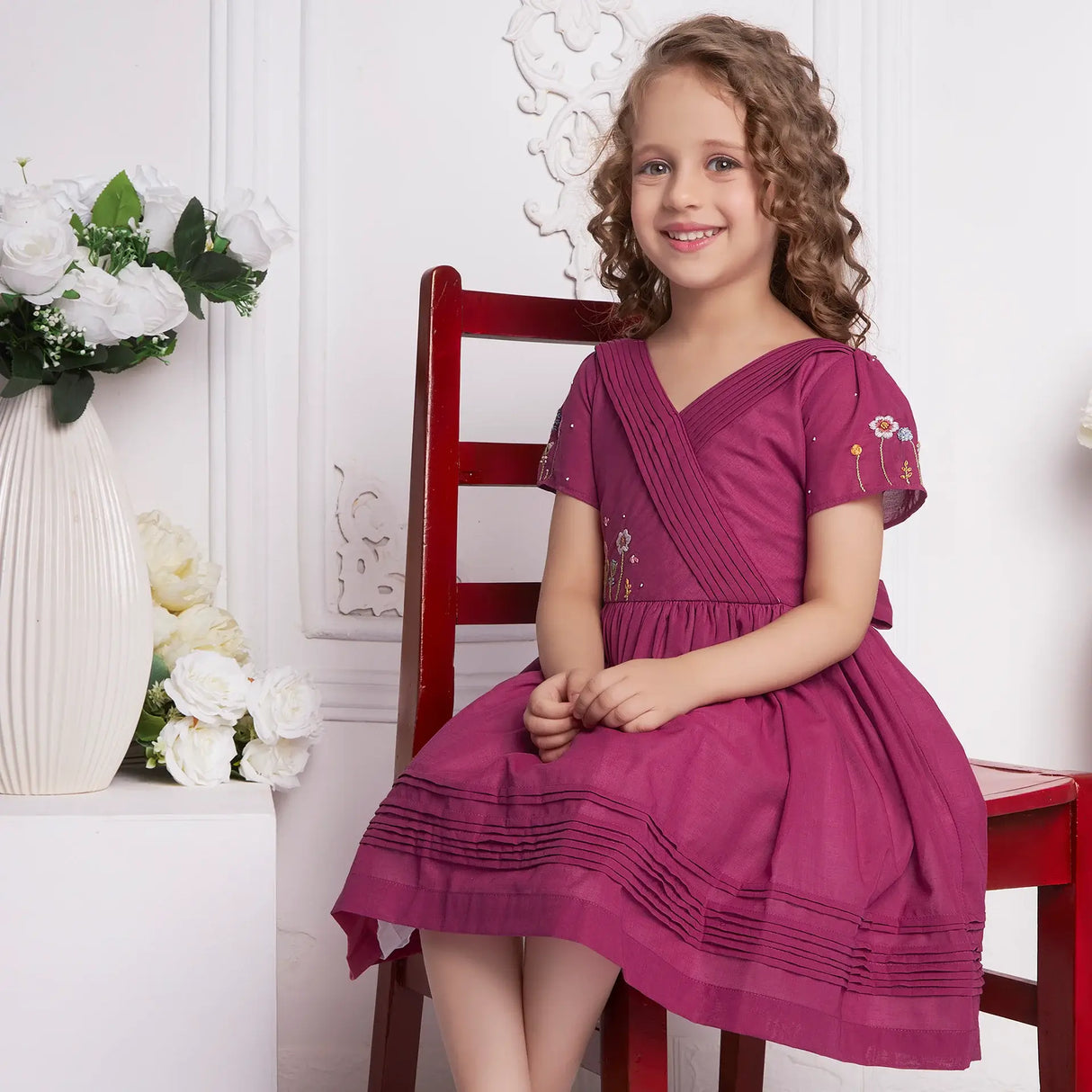 Wine Crossover Pleated Girls Dress