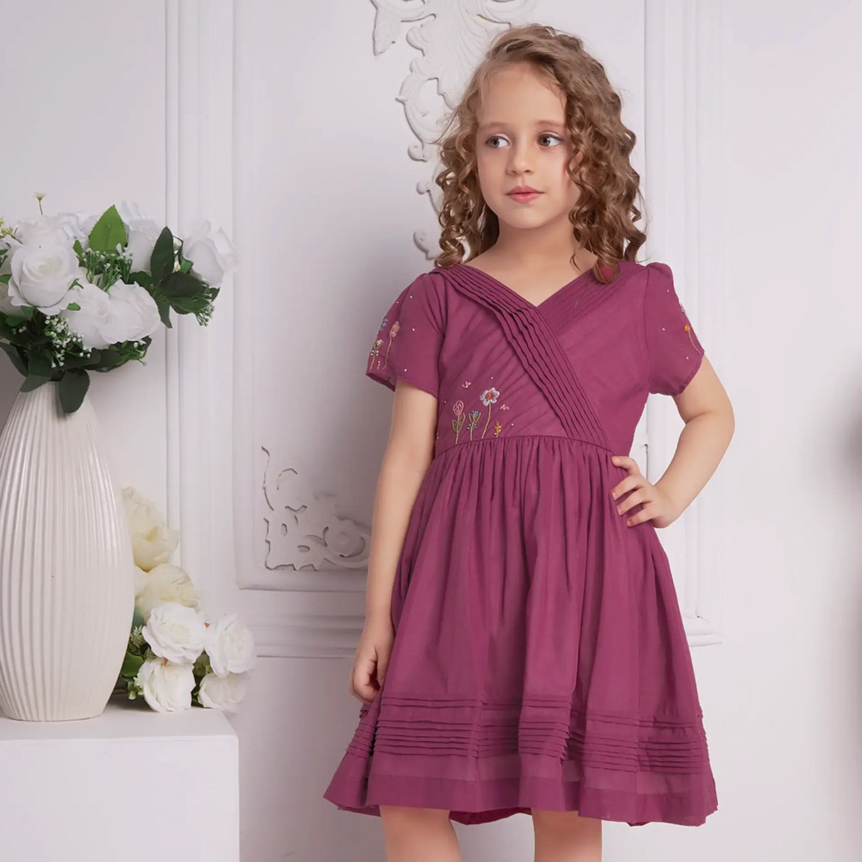 Wine Crossover Pleated Girls Dress