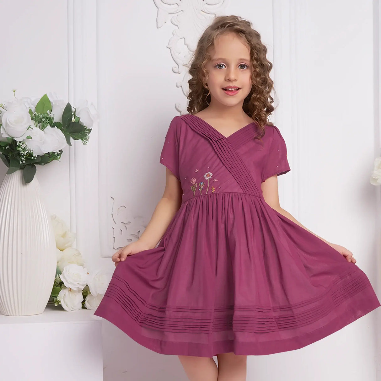Wine Crossover Pleated Girls Dress
