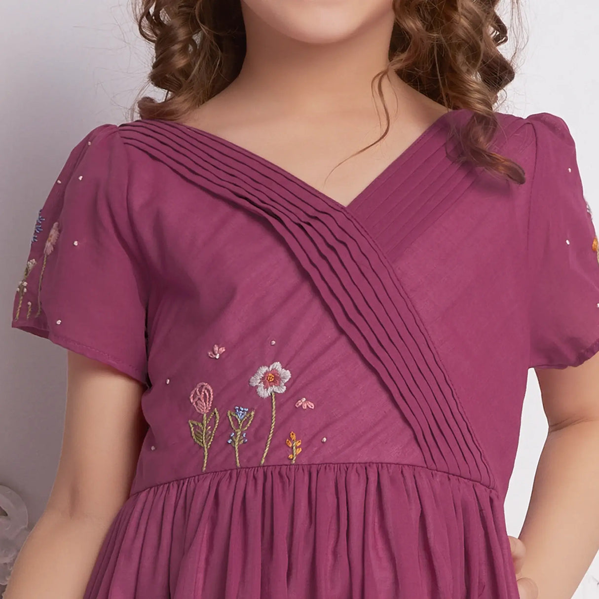 Wine Crossover Pleated Girls Dress