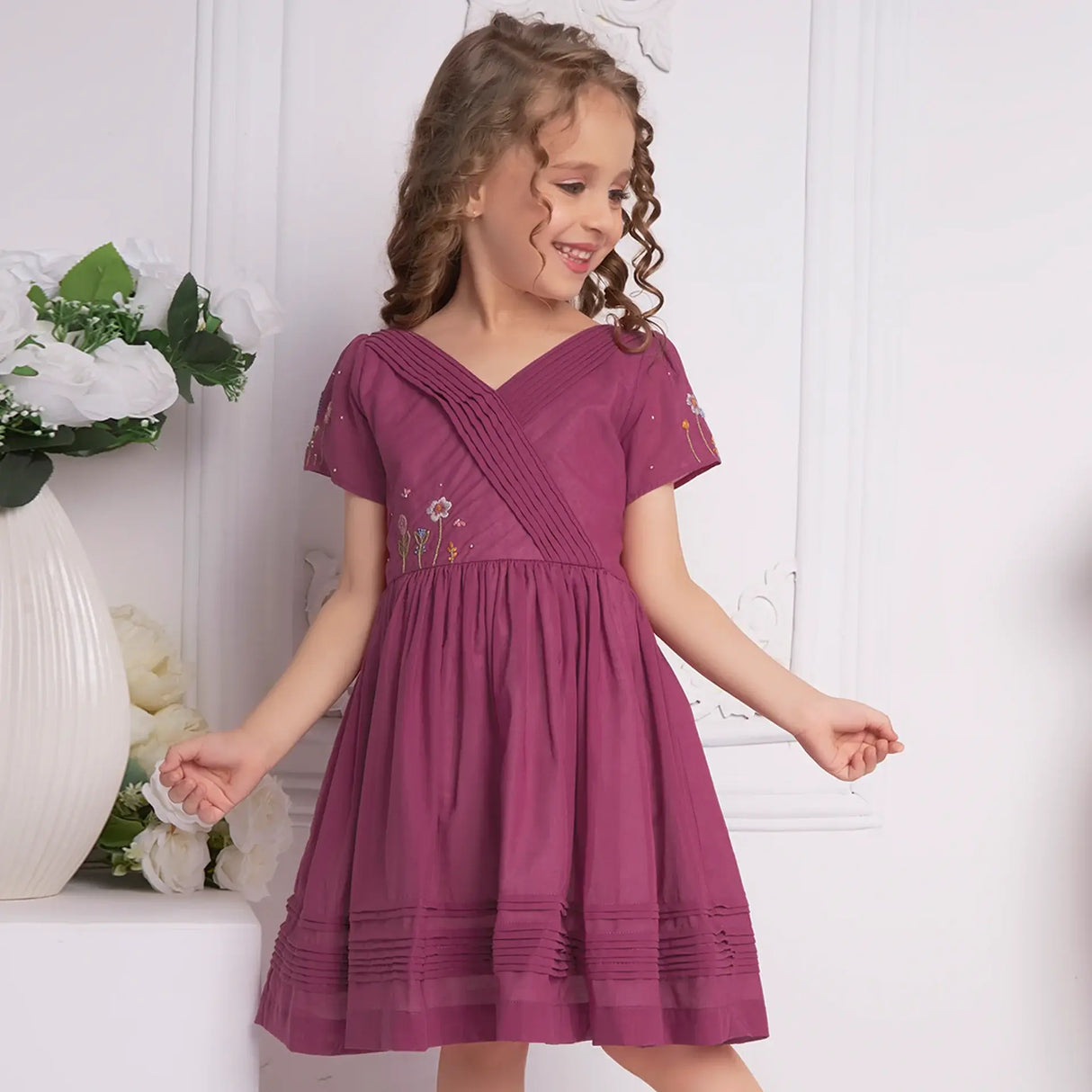 Wine Crossover Pleated Girls Dress