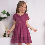 Wine Crossover Pleated Girls Dress