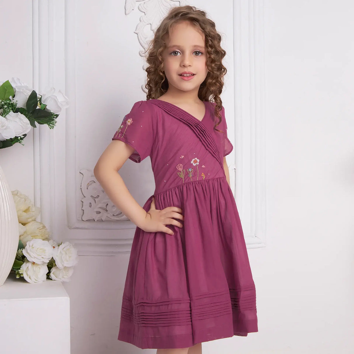 Wine Crossover Pleated Girls Dress