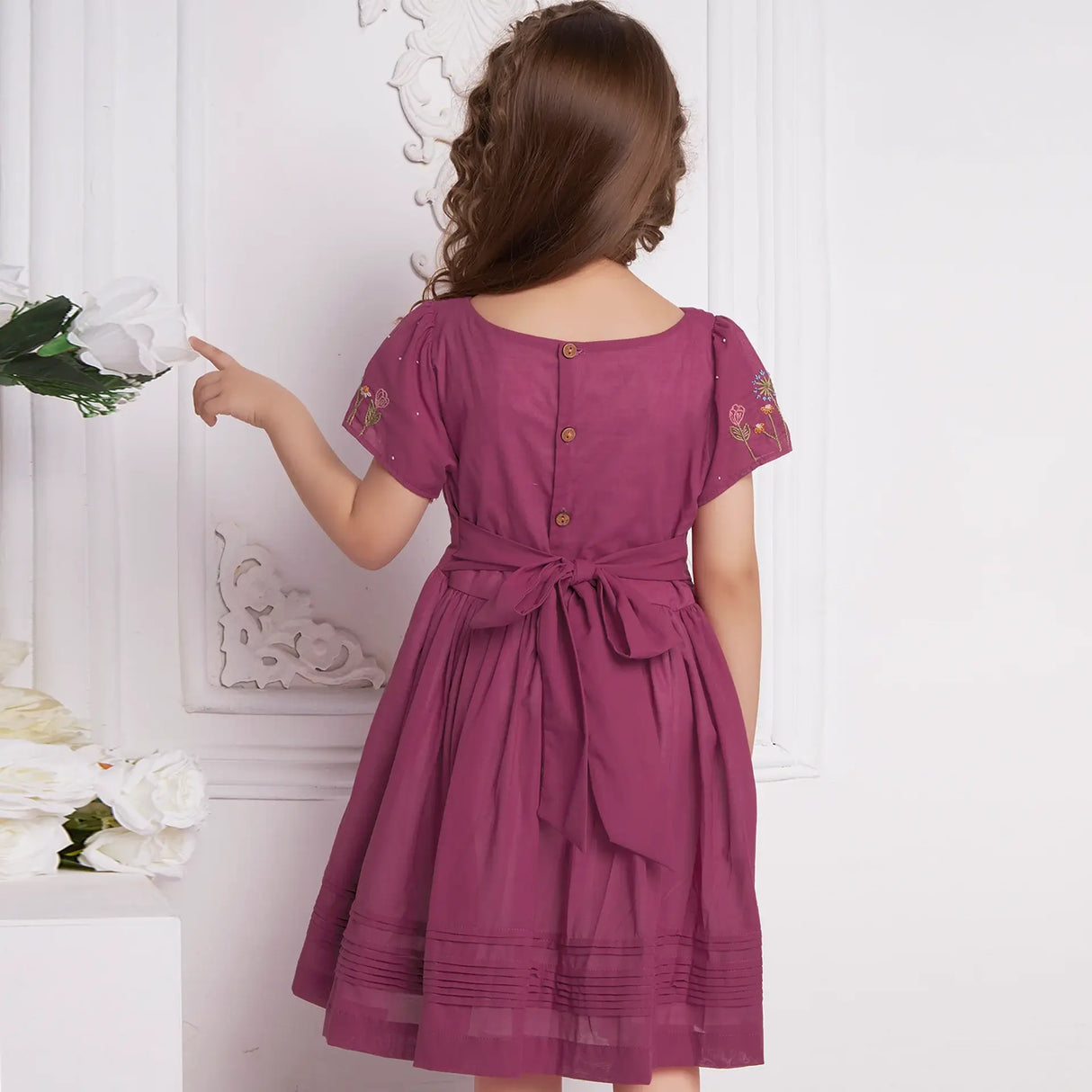 Wine Crossover Pleated Girls Dress