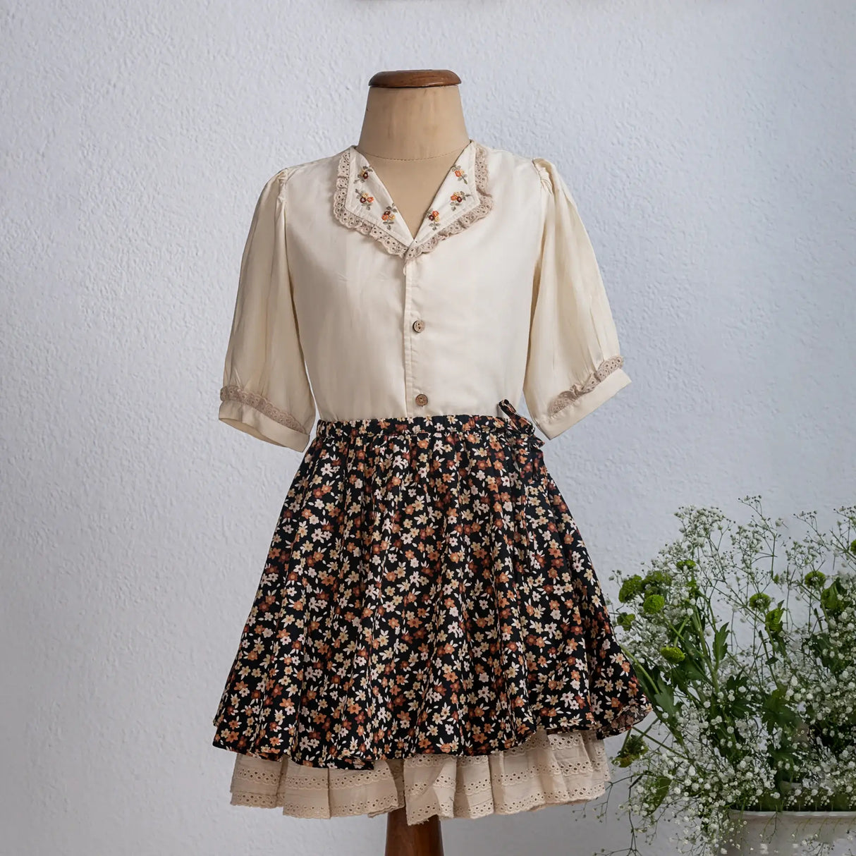Cream Blouse With Floral Print Skirt Girls Dress Set