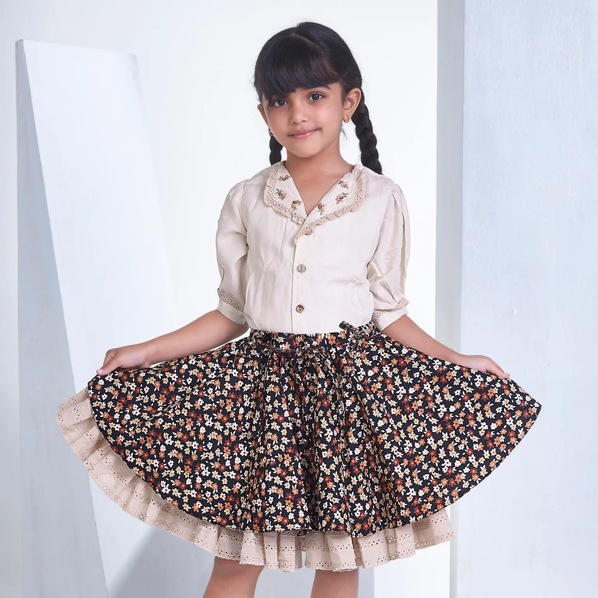Cream Blouse With Floral Print Skirt Girls Dress Set