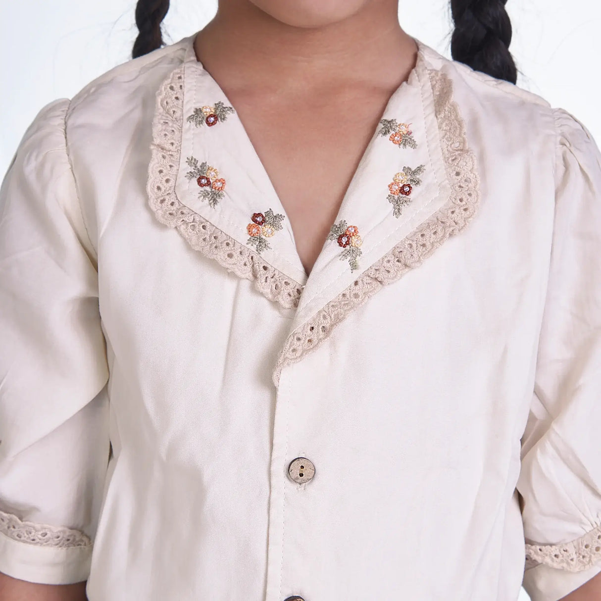 Cream Blouse With Floral Print Skirt Girls Dress Set