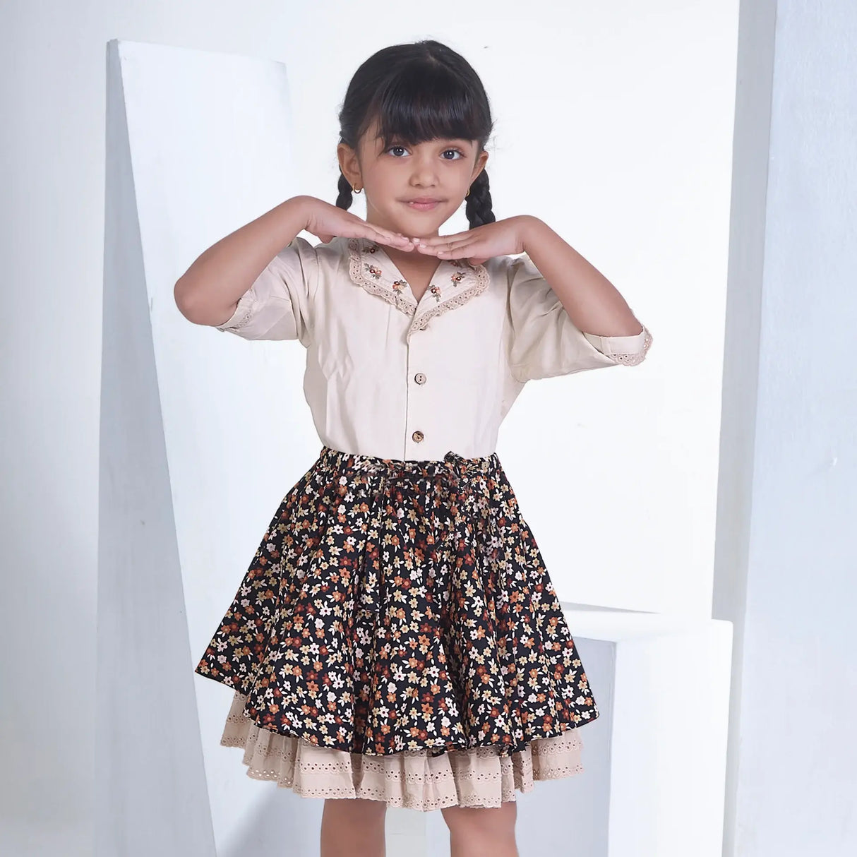 Cream Blouse With Floral Print Skirt Girls Dress Set