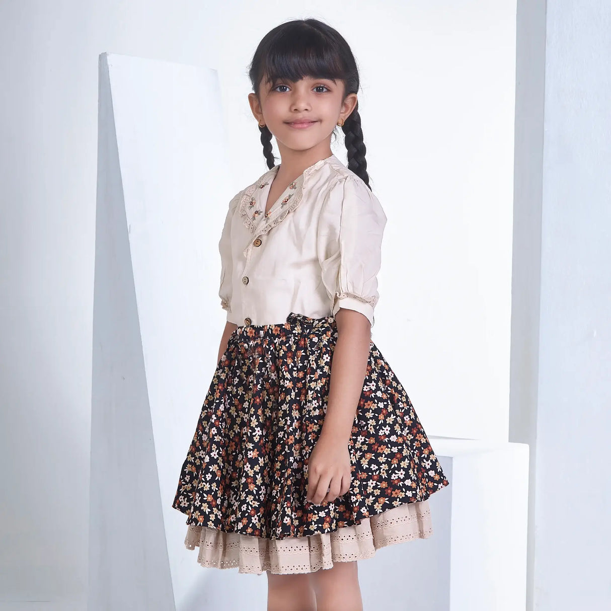 Cream Blouse With Floral Print Skirt Girls Dress Set