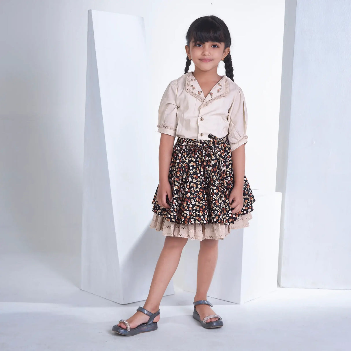 Cream Blouse With Floral Print Skirt Girls Dress Set