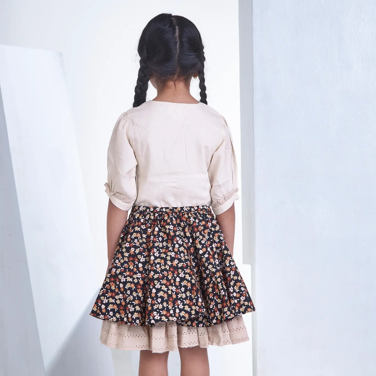 Cream Blouse With Floral Print Skirt Girls Dress Set
