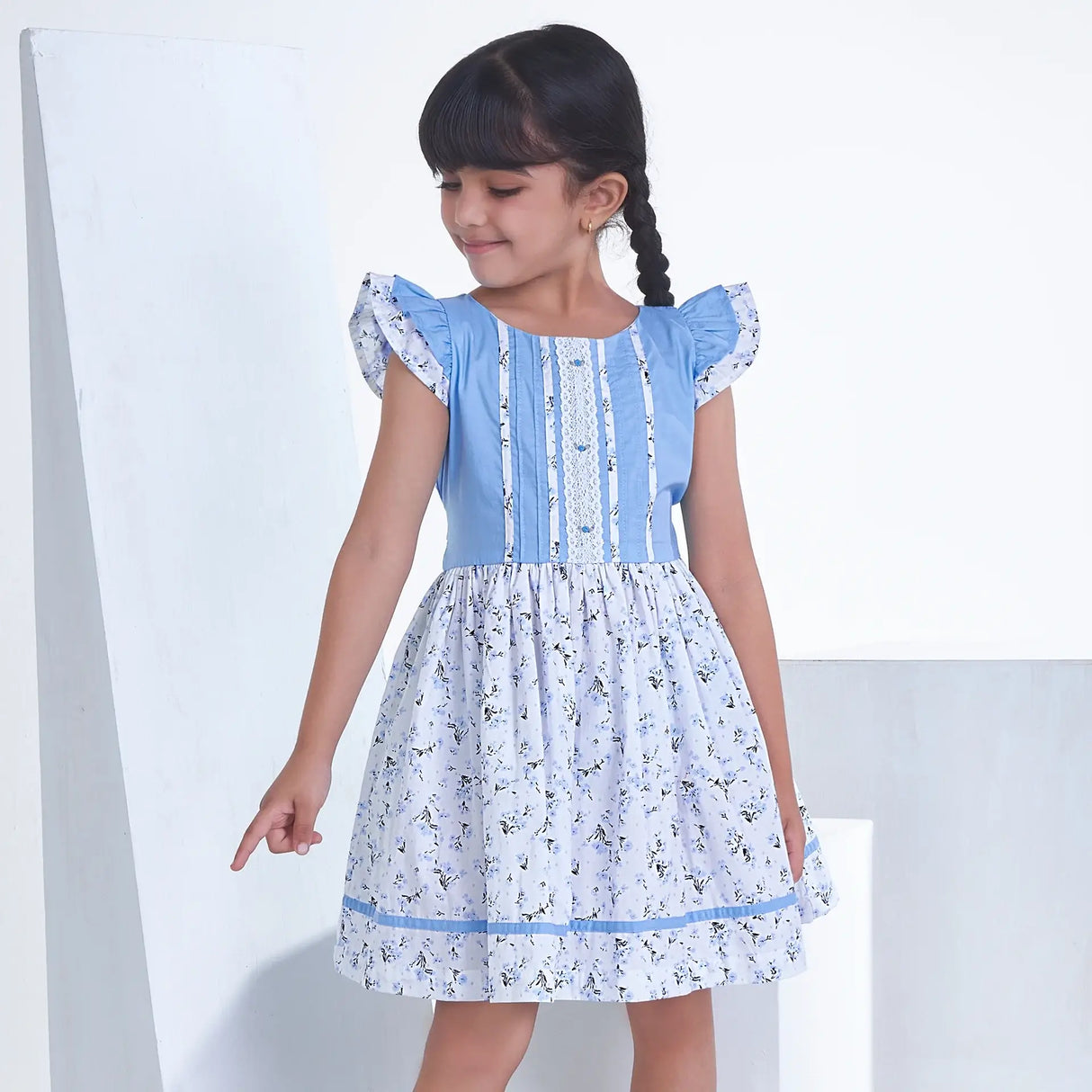 Blue With Floral Print Girls Summer Dress
