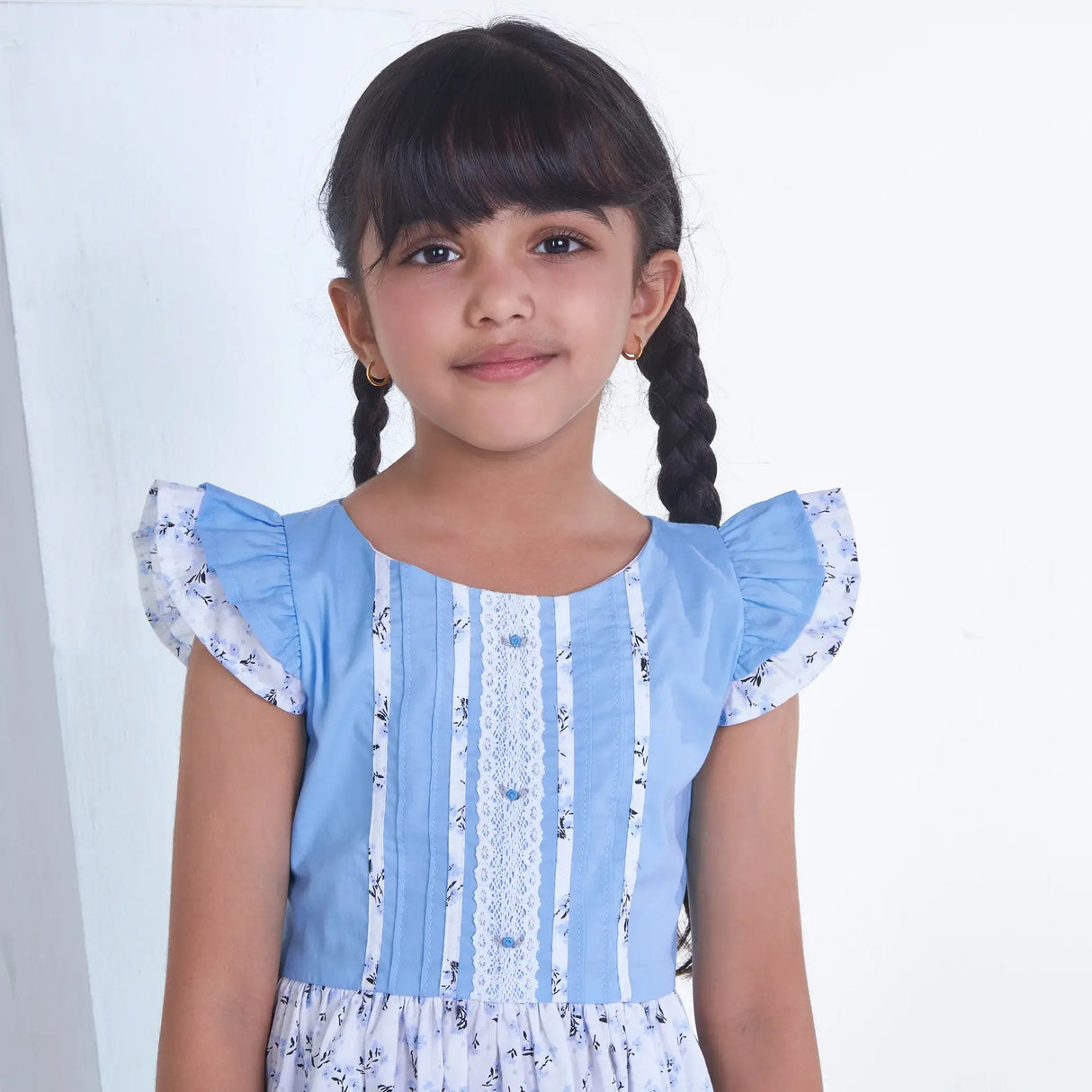 Blue With Floral Print Girls Summer Dress