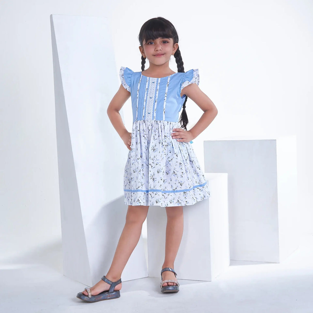 Blue With Floral Print Girls Summer Dress