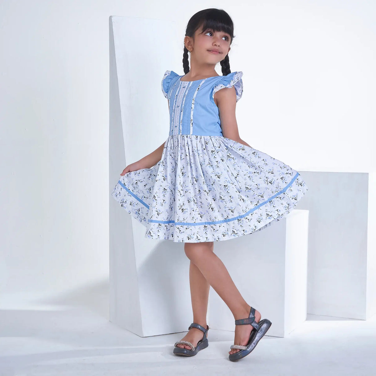 Blue With Floral Print Girls Summer Dress