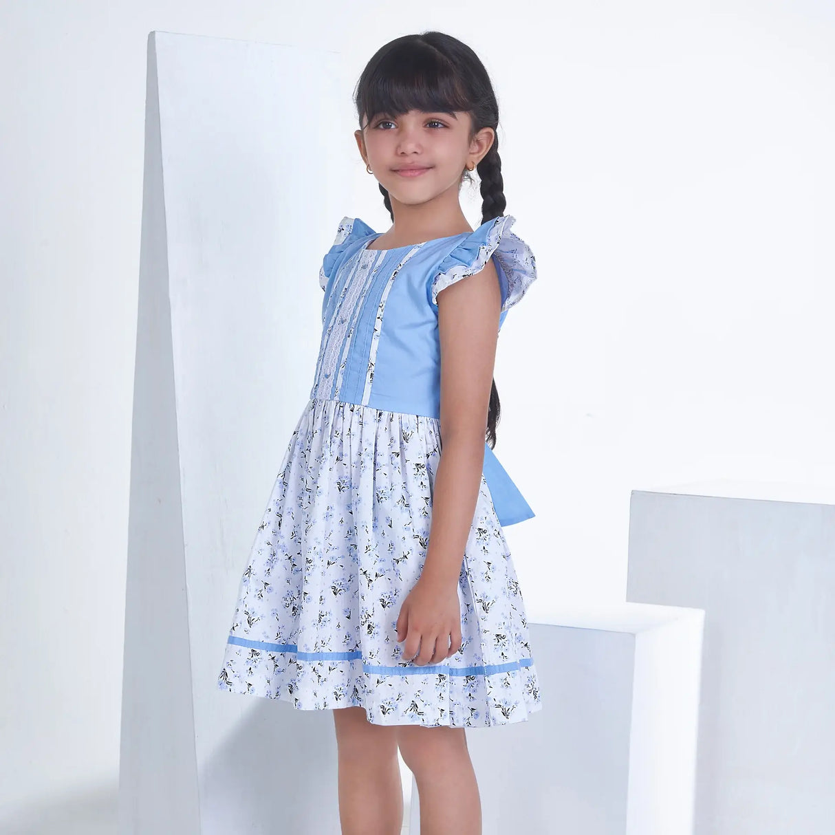 Blue With Floral Print Girls Summer Dress