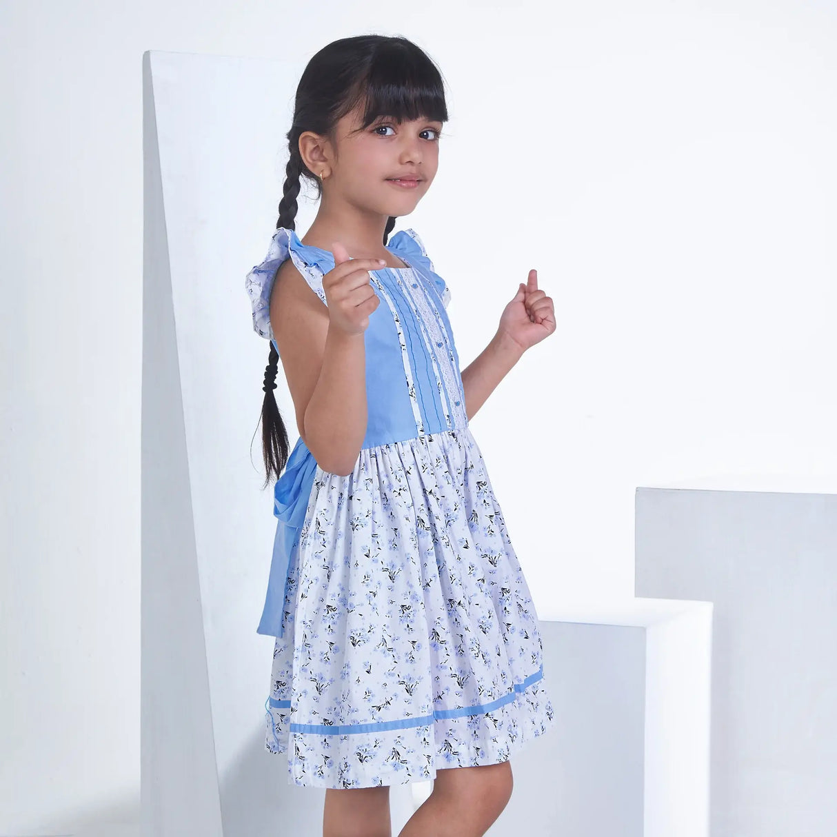Blue With Floral Print Girls Summer Dress