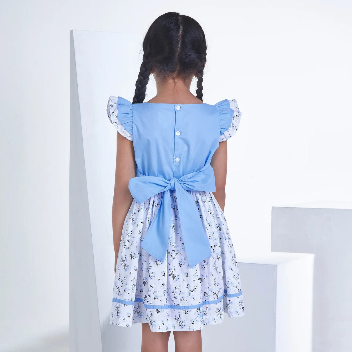 Blue With Floral Print Girls Summer Dress