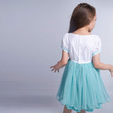 Back view of a girl wearing aqua blue bird embroidered dress