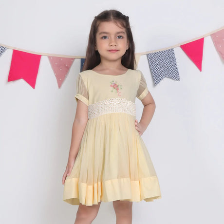 "A little girl with her hand on her hip, dressed in a yellow hand-embroidered tulle dress."