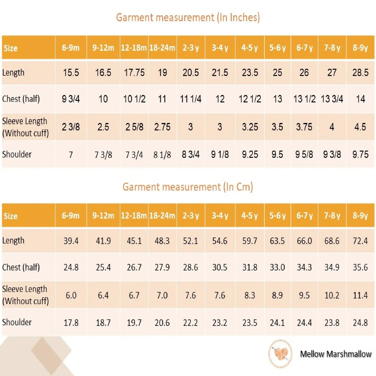 "Size chart for the yellow tulle dress.