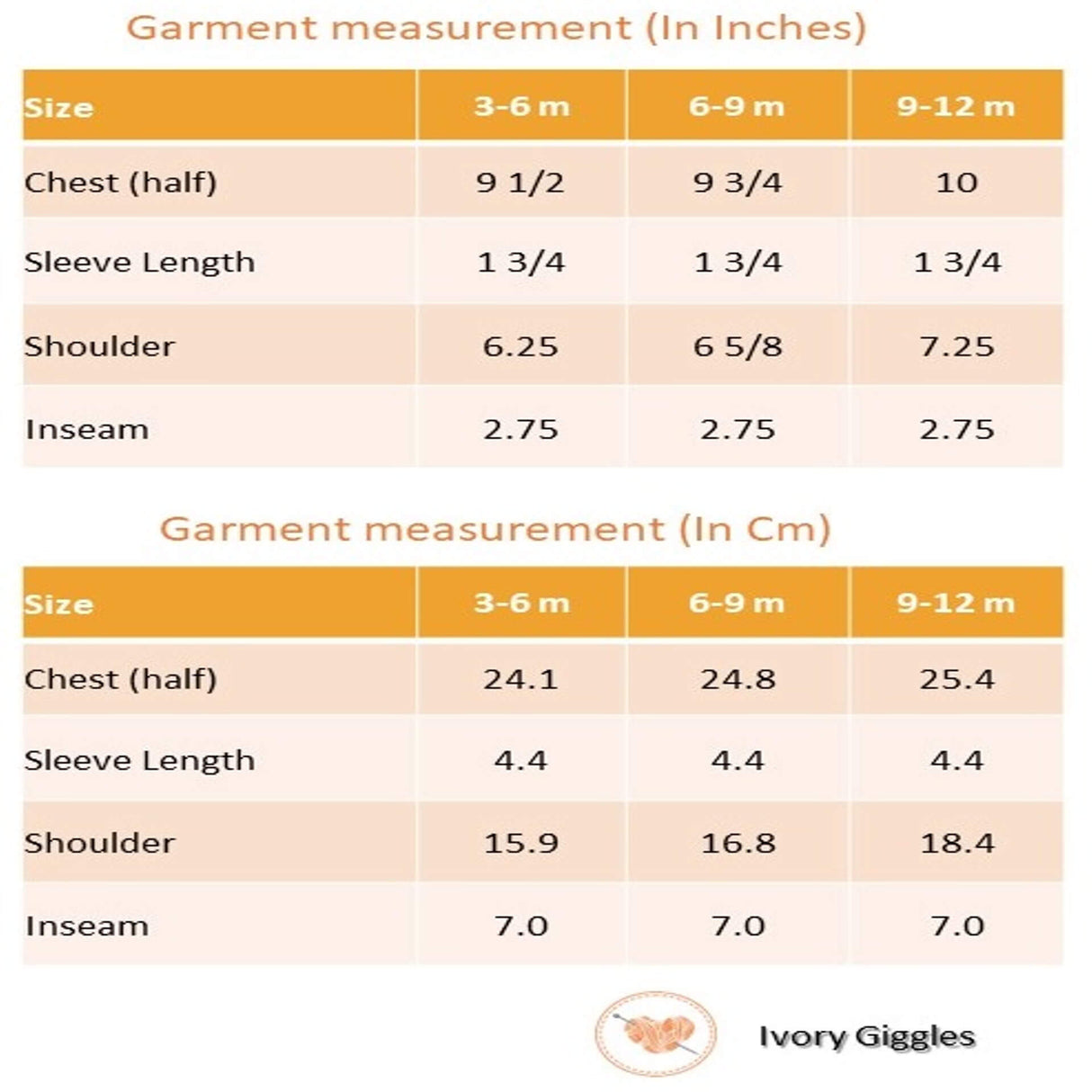 Size chart of an ivory floral printed baby girl onesie from Soleilclo.