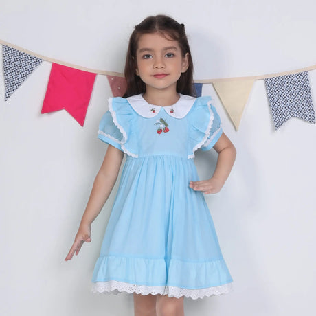 A little girl dressed in a blue embroidered cotton puffed sleeves dress.