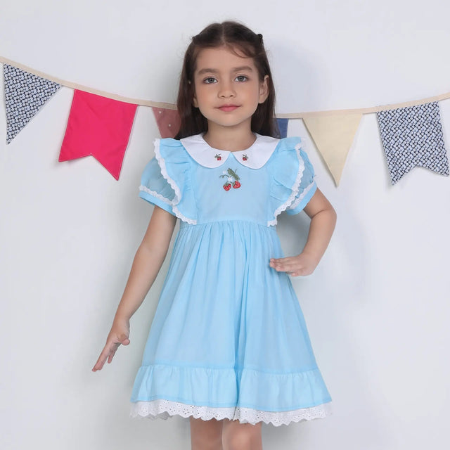 A little girl dressed in a blue embroidered cotton puffed sleeves dress.